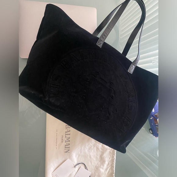 BRAND NEW Balmain Black Velvet Logo Shopping Horizontal Tote - Picture 7 of 10